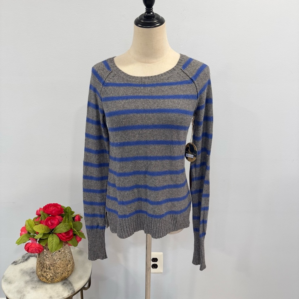 Between Me & You Grey & Blue Striped Sweater With Brown Elbow Patchwork Size M